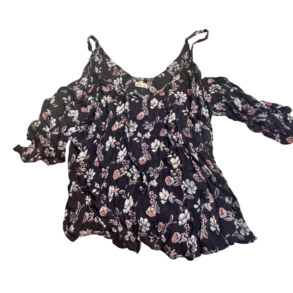 Hollister Cold‎ Shoulder Floral Blouse Top Women's Size L Black Pink Blue